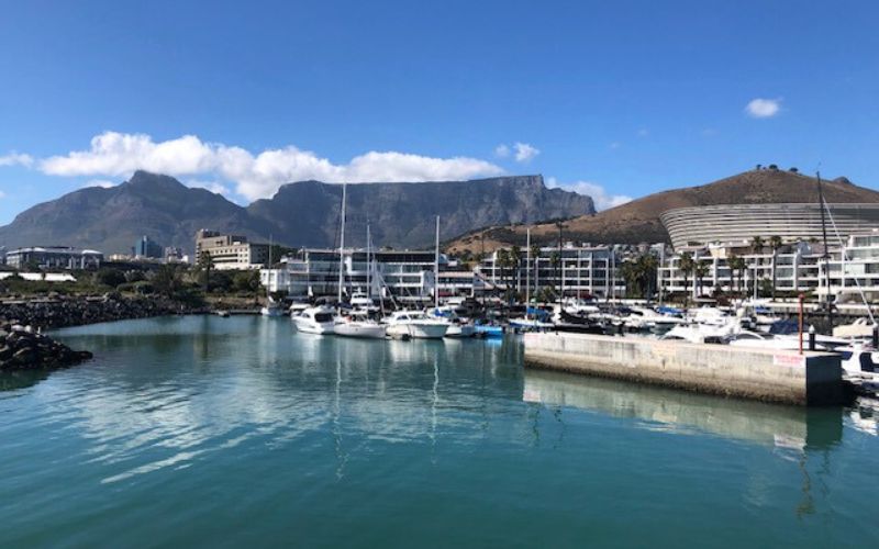 V&A Waterfront marina in Cape Town with Table Mountain behind, a scenic stop on a family vacation in Cape Town.