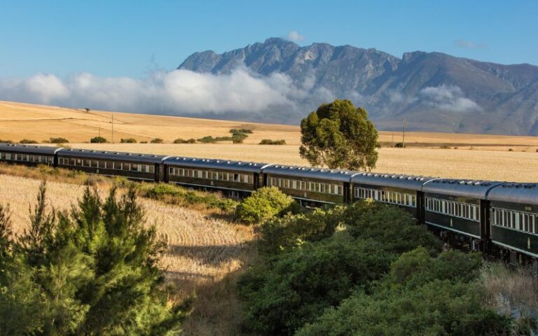 Rovos Rail luxury train winding through golden South African countryside with dramatic mountain backdrop — capturing the essence of the best train journey in South Africa.