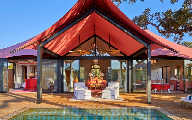 Luxury tented suite with private pool at Royal Malewane Masiya’s Camp, showcasing the high-end design and exclusivity featured in Marula Hill Travel’s safari lodge review.